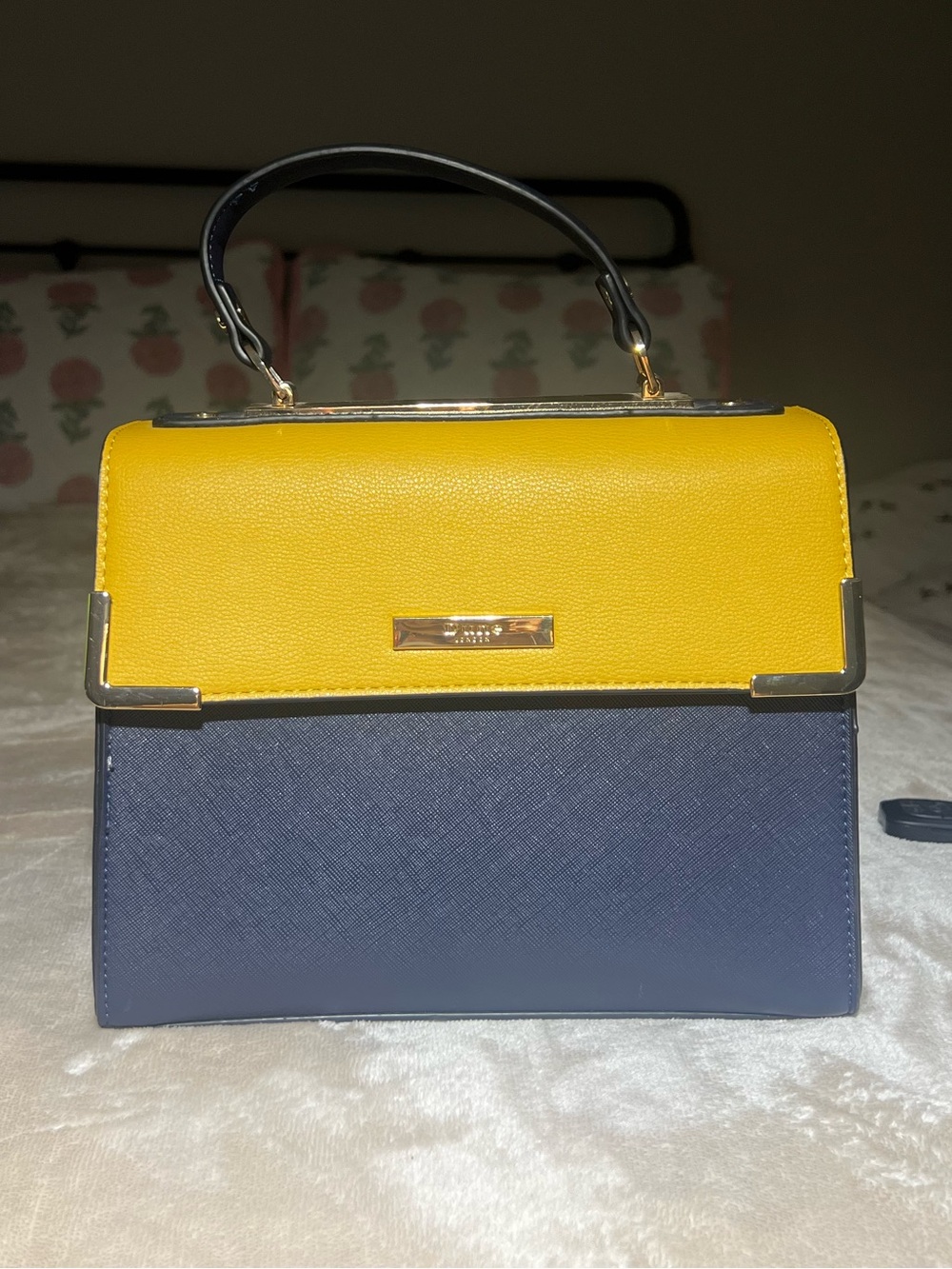 Dune London Yellow and Navy Two-Tone Top-Handle Satchel